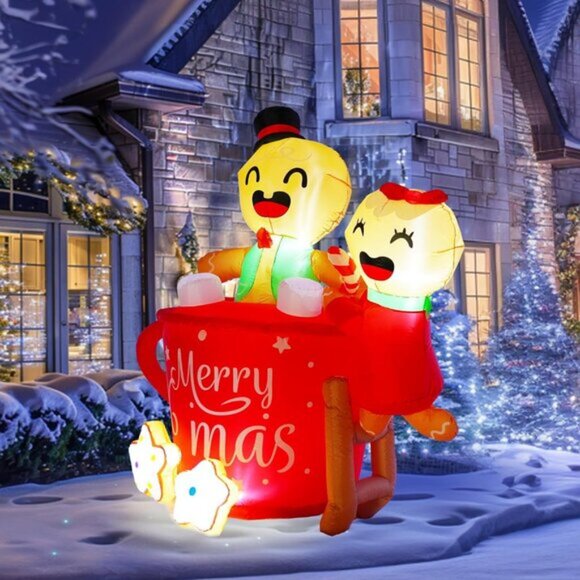 ⚡6 FT Christmas Inflatables Gingerbread Man in Hot Cocoa Mug Outdoor Decorations - Picture 4 of 7